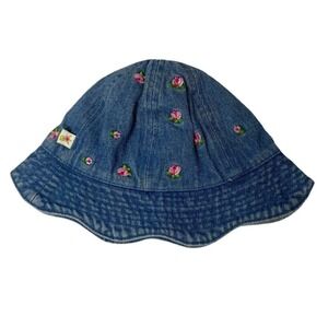 Koala Kids Baby Girls Blue Denim Floral Rose Embroidered Bucket Hat 12-24 Months